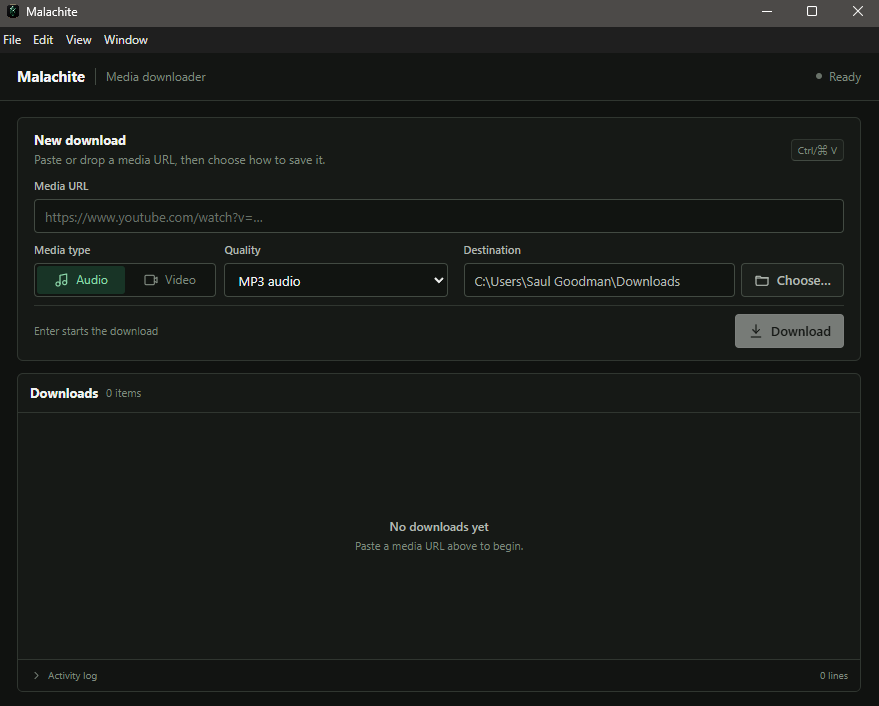 Malachite desktop app showing media URL, format, quality, destination, and download controls