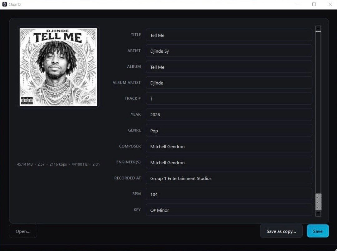 Quartz desktop app showing album artwork and editable song metadata fields